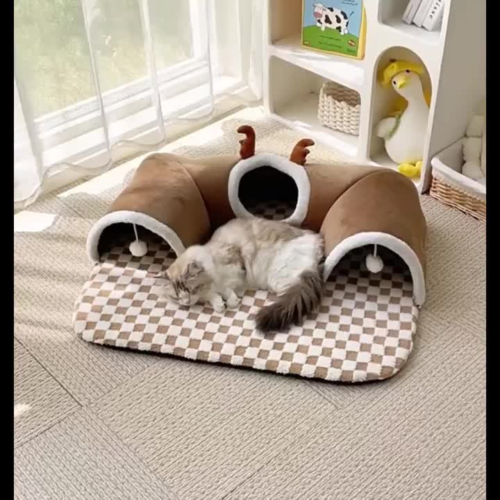 3-in-1 Plush Cat Bed 3-in-1 Plush Cat Tunnel Bed | Durable Polyester, Non-Slip Checkered Base for Small to Medium Cats