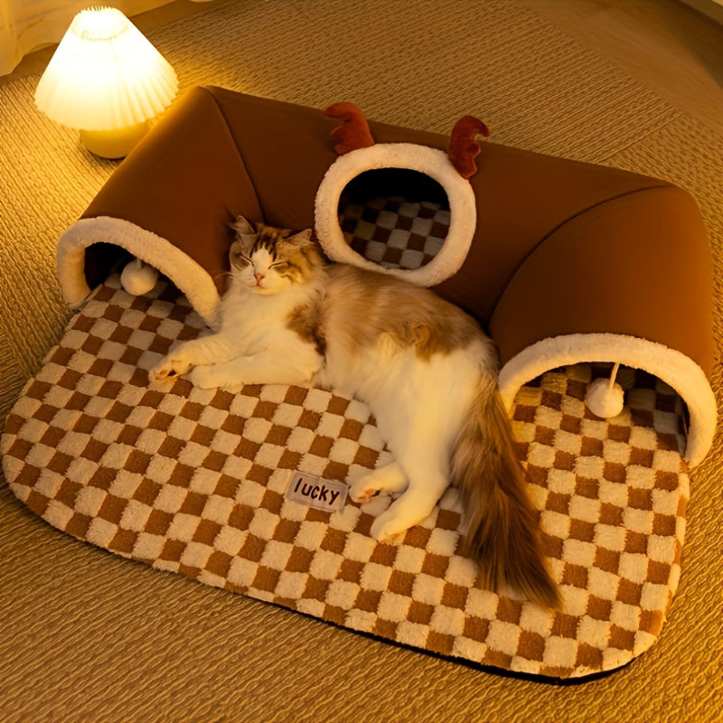3-in-1 Plush Cat Bed 3-in-1 Plush Cat Tunnel Bed | Durable Polyester, Non-Slip Checkered Base for Small to Medium Cats