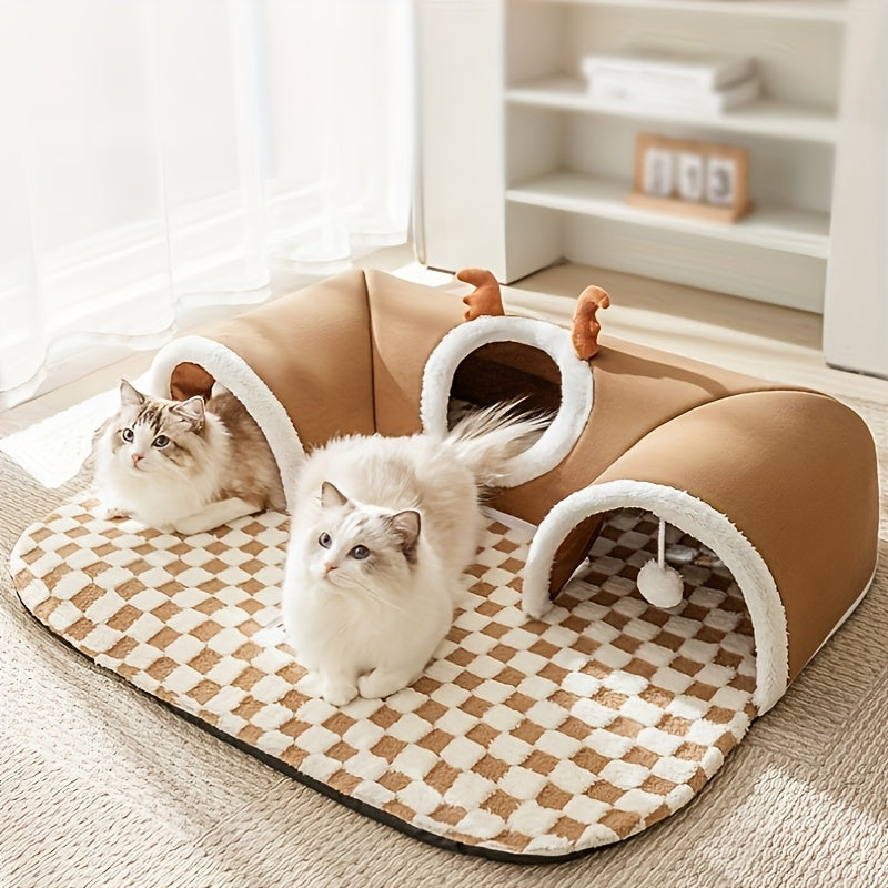 3-in-1 Plush Cat Bed 3-in-1 Plush Cat Tunnel Bed | Durable Polyester, Non-Slip Checkered Base for Small to Medium Cats