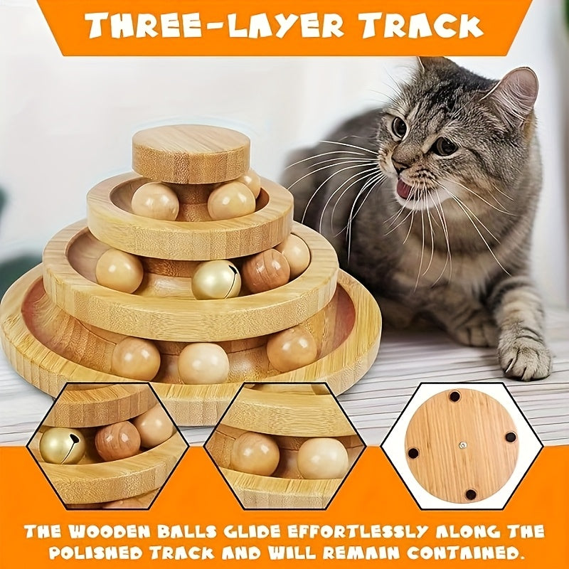 Interactive Cat Ball Track 3 Layer Tower Interactive Cat Ball Track | Natural Bamboo Wood with 9 Detachable Balls