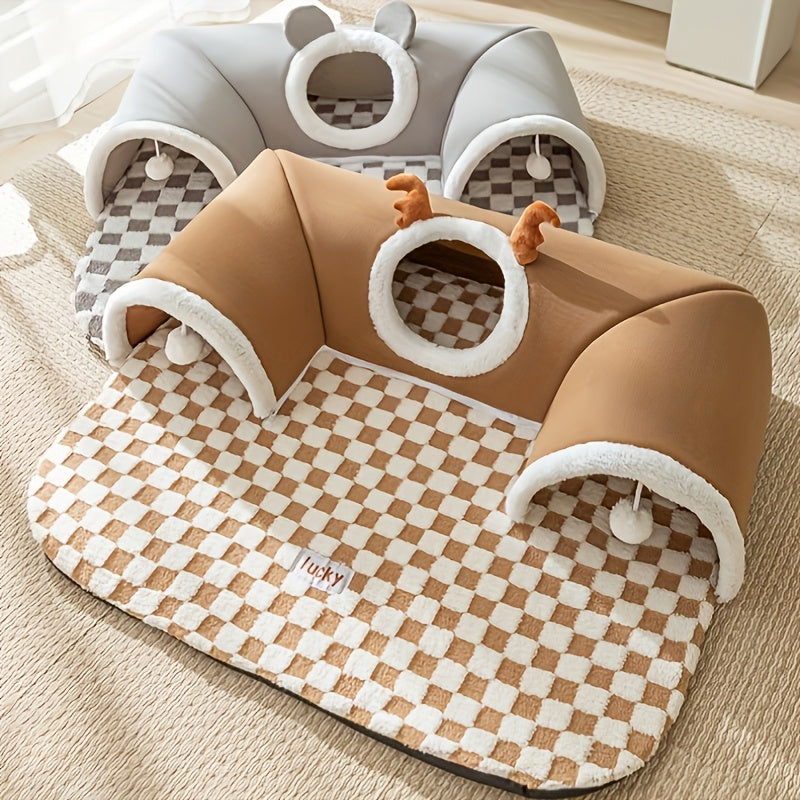 3-in-1 Plush Cat Bed 3-in-1 Plush Cat Tunnel Bed | Durable Polyester, Non-Slip Checkered Base for Small to Medium Cats