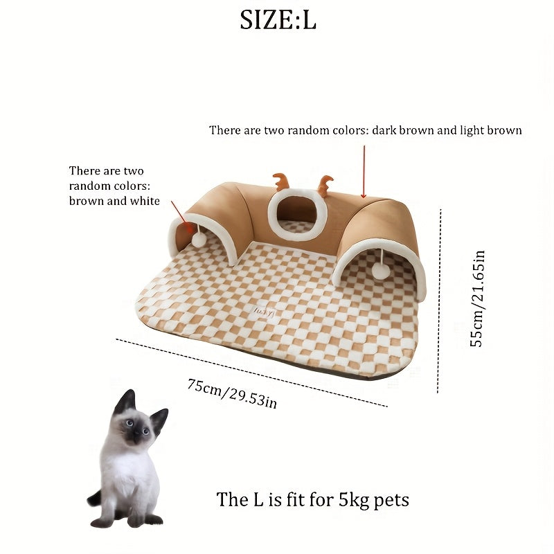 3-in-1 Plush Cat Bed 3-in-1 Plush Cat Tunnel Bed | Durable Polyester, Non-Slip Checkered Base for Small to Medium Cats