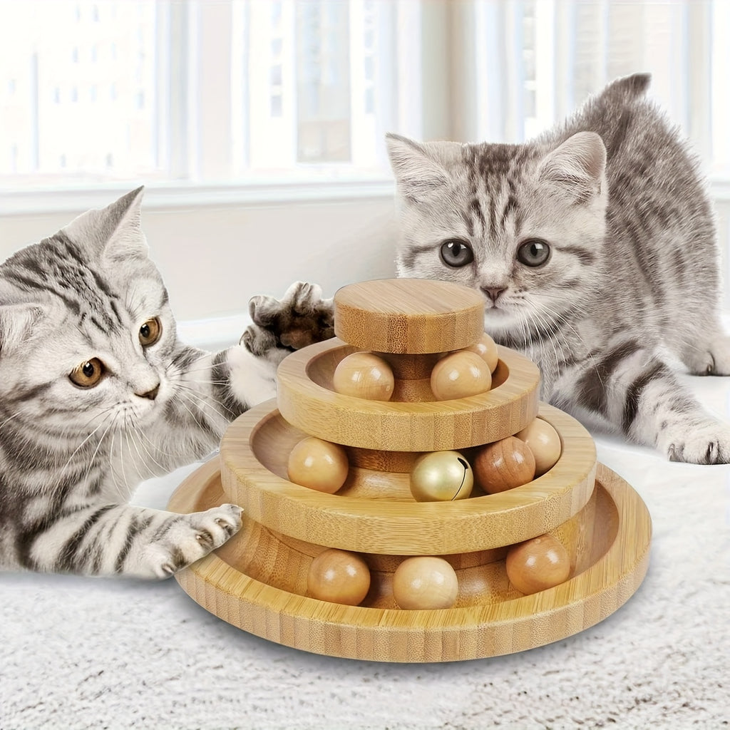 Interactive Cat Ball Track 3 Layer Tower Interactive Cat Ball Track | Natural Bamboo Wood with 9 Detachable Balls