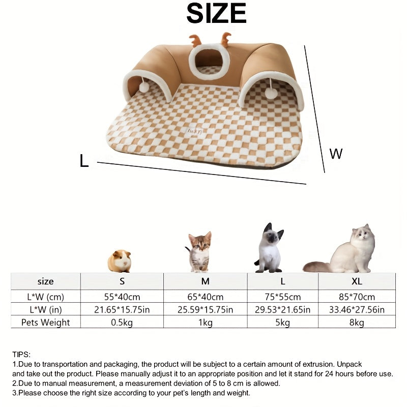 3-in-1 Plush Cat Bed 3-in-1 Plush Cat Tunnel Bed | Durable Polyester, Non-Slip Checkered Base for Small to Medium Cats