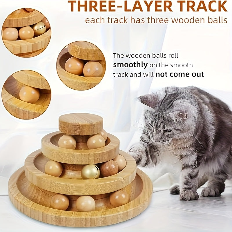 Interactive Cat Ball Track 3 Layer Tower Interactive Cat Ball Track | Natural Bamboo Wood with 9 Detachable Balls