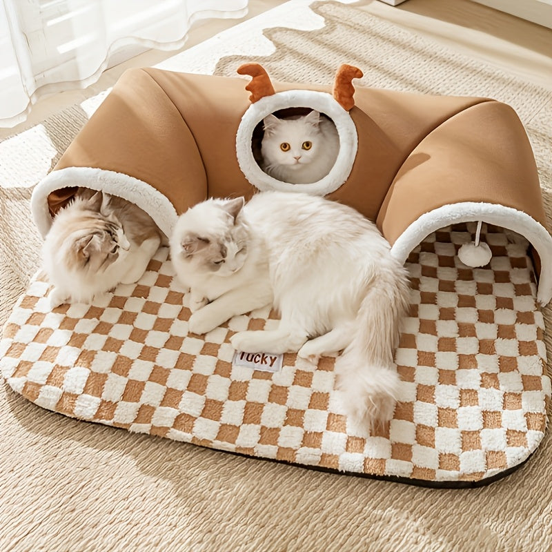 3-in-1 Plush Cat Bed 3-in-1 Plush Cat Tunnel Bed | Durable Polyester, Non-Slip Checkered Base for Small to Medium Cats