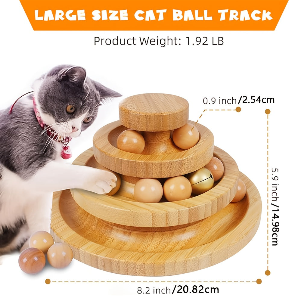 Interactive Cat Ball Track 3 Layer Tower Interactive Cat Ball Track | Natural Bamboo Wood with 9 Detachable Balls